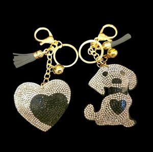 Rhinestone Heart & Puppy Bag Charms – Sparkly Keychain Set